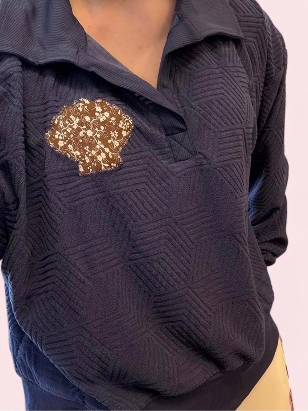 Women's Navy Textured Pullover Top with Brown Patch Detail - NWT